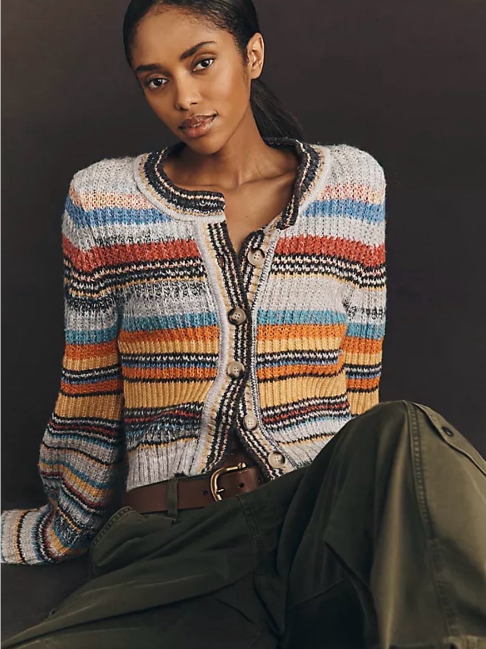 Anthropologie Striped Knit Cardigan in Blue, Rust, Mustard, Cream, Gray